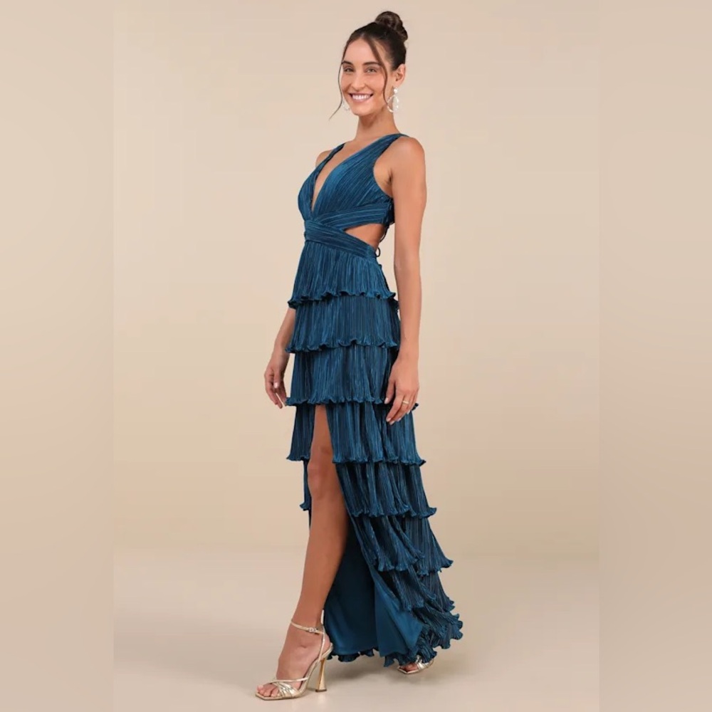 Beauty Icon Dark Teal Satin Pleated Tiered Lace-Up Maxi Dress - Picture 4 of 9